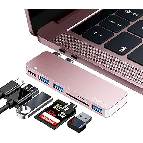 RayCue USB C Hub Adapter for MacBook Pro/Air M1 M2 M3 2023-2016, 6 in-1 USB-C Accessories Compatible with MacBook Pro 13″ and 15″ with 3 USB 3.0 Ports, TF/SD Card Reader, USB-C Power Delivery (Pink) Cover