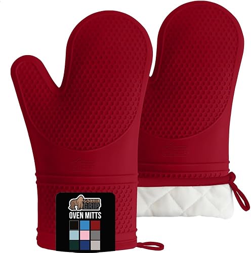 Miniatura 216 de GORILLA GRIP Juego de 4 manoplas de horno de silicona suave sin BPA y soportes para ollas, resistentes al calor, forro de algodón grueso, agarre Rojo