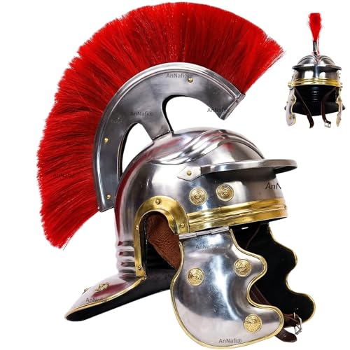AnNafi Roman Soldier Helmet Red Plume Armor | Roman Helmet Adult | Metal Helm Centurion Gladiator Warrior Helmets Wearable Historical Replica Roman Helmet for Reenactment Collection & Stage Display