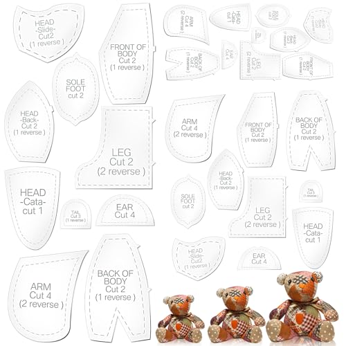 Chunful 30 Pcs Memory Bear Sewing Patterns Acrylic Template Ruler Set Stuffed Animal Quilting Template Cutting with Instructions Large Sewing Pattern for Beginner Art Craft Tools Home, 10, 12, 15 inch