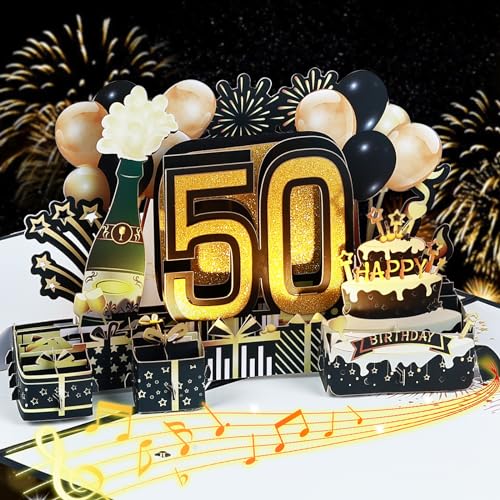 joyoldelf Biglietto Auguri Compleanno 50 Anni - Biglietto di Auguri con Luci e Musica, Biglietto Auguri Pop Up, Biglietti Auguri Regalo 3D, per Donne, Uomini, Ragazze, Genitori, Amici, Moglie, Marito