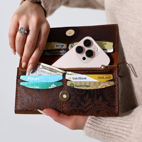 Genuine Leather Handmade Wallet for Women Large Capacity Credit Card Holder Ladies Bifold Long Clutch Handbag Slim Minimalist Purse with Zipper Pocket2