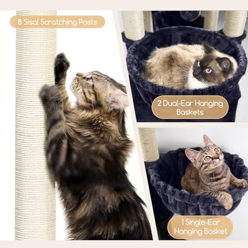 Image of Globlazer Extra Large Cat Tree Tower, 82in Tall Heavy Duty Cat Tree for Indoor Cats Large Adult Big Cat Tower with 8 Scratching Posts, 2 Cat Condos, 2 Padded Perches, 3 Hanging Baskets, S82, Dark Gray