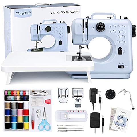 Magicfly Portable Sewing Machines, 12 Built-in Stitches Mini Sewing Machine for Beginner with Reverse Sewing, 3 Replaceable Feet, Extension Table, Accessory Kit, Blue Cover
