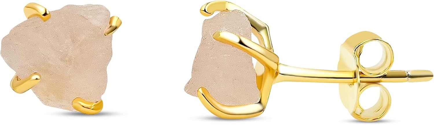 raw tiny stone stud earring 4-6mm solid 925 sterling silver over real yellow gold plated prong setting, birthstone jewelry gift for her or him, uniquelan jewelry