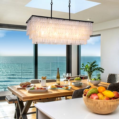 TOCHIC Capiz Shell Chandelier, 9 Lights Coastal Chandelier Light Fixture, Modern Black Boho Chandeliers for Dining Room, Rectangular Shell Pendant Light for Living Room, Kitchen Island, 3 Tiers, 40" L - Image 6