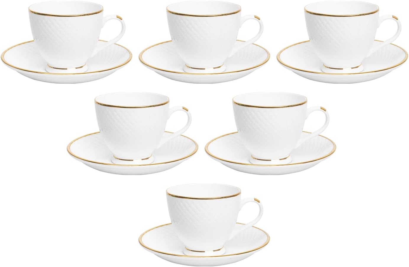 Femora Gold Line Diamond Cut White Ceramic Cup and Saucer, 200 ml, (6 Cups, 6 Saucers)