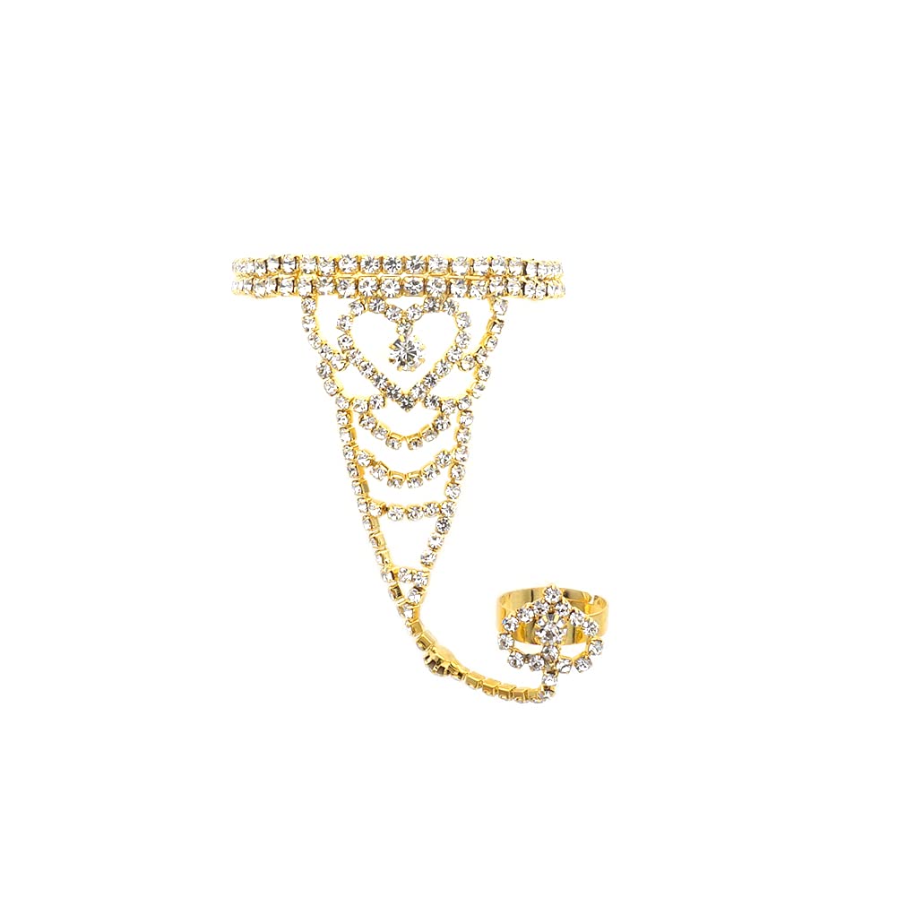 JSEAWomens Rhinestone Hand Harness Bracelet Slave Chain Bracelet with Finger Ring Bracelet Gold Tone