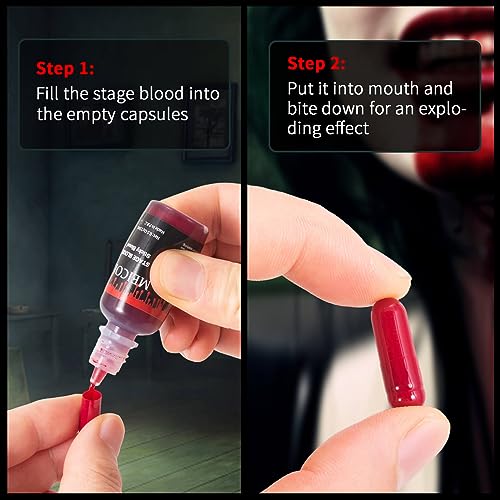 MEICOLY 0.5OZ Edible Fake Blood with 6 Packs Empty Capsules,Professional Washable Stage Blood,Realistic Dripping Sticky Fake Blood for Halloween, SFX,Special Effect Makeup for Zombie Vampire