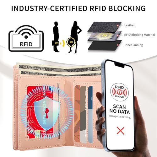Small Wallet For Women Leather Wallet Rfid Blocking Small Bifold Wallet for Women Zipper Pocket Coin Purse Credit Card Holder with ID Window,Light Pink3