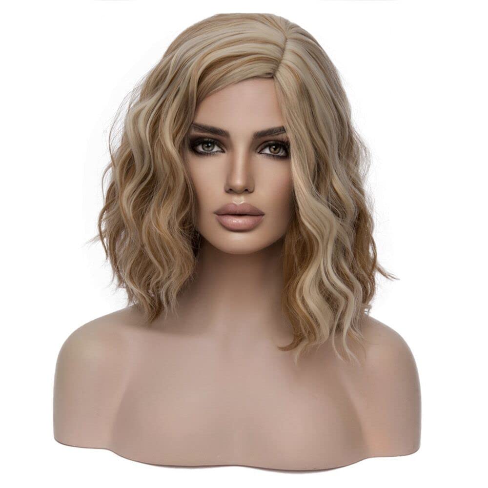 MAGQOOBlonde Brown Wig Side Part Short Curly Wavy Bob Wig Dirty Blonde Hair Wigs Brown Highlight Wig Synthetic Heat Resistant Cosplay Costume Party Wigs