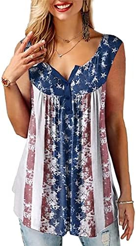 Roshop 4th of July Women Plus Size American Flag Flowy Henley Shirts Summer Button Up Short Sleeve Pleated Tunic Tops BLT L