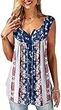 Roshop 4th of July Women Plus Size American Flag Flowy Henley Shirts Summer Button Up Short Sleeve P