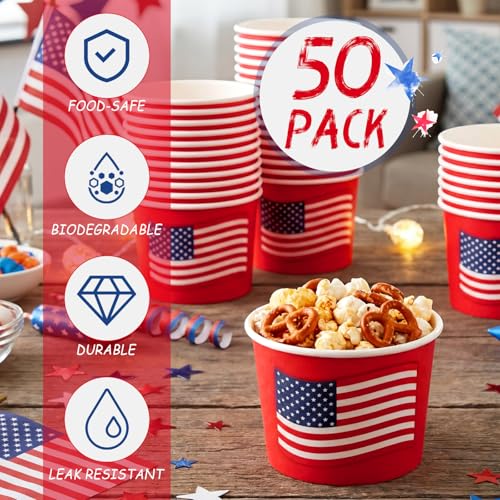 Image of Funnymoom 50 Pack 4th of July Ice Cream Cups Patriotic Party Supplies 9 oz American Flag Disposable Dessert Bowls Red White and Blue Paper Soup Bowls Snack Cups for 250th Aniversary Independence Day