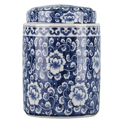 Chinese Traditional Antique Style Blue and White Porcelain Ginger Jar Ceramic Covered Jar Flower Vase with Lid,China Ming Style,China Chinoiserie Design (Cylinder)