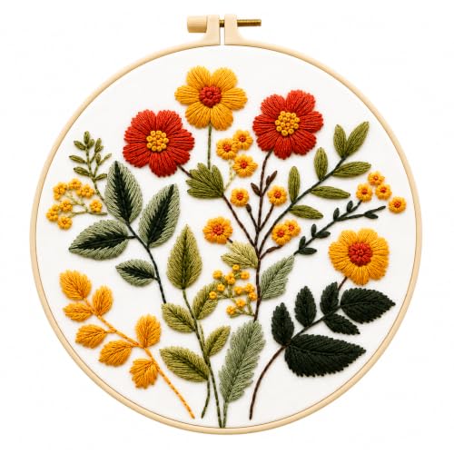 Image of Zhenqing Floral Embroidery Kit for Beginners, Wildflower Botanical Needlework Kit with Pre-Printed Cotton Fabric, Hoop, Threads & Tools, Flower Wall Decor (C0126)