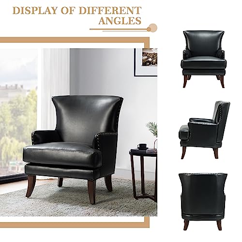 Hulala Home Faux Leather Accent Chair With Arms For Living Room, Modern Leather Single Sofa Armchair With Nailhead Trim, Vegan Leather Wingback Accent Chair Lounge Sofa Chair, Black-S2 #TOP2