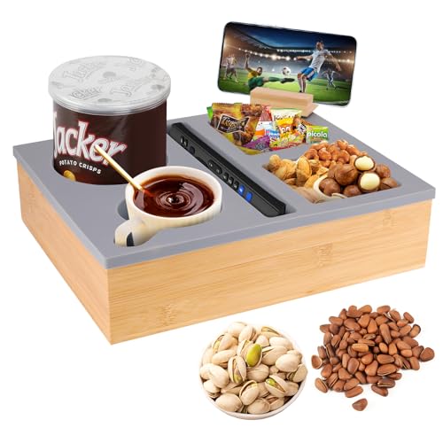 Kinberry Couchbar Snackbox, Couchbar Organizer mit 3 Snackschalen, 2 Becherhaltern mit Handyhalter beistelltisch mit Holz Sofatablett für Sofa, Kino Deko, Couch Organizer Bar mit...