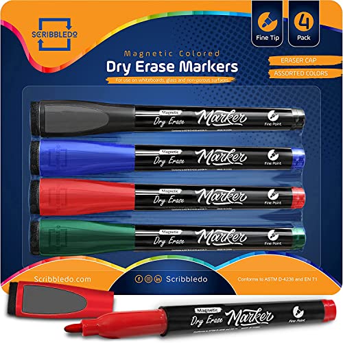 Marcadores magnéticos de borrado en seco SCRIBBLEDO con borrador en tapa pack de 4 colores