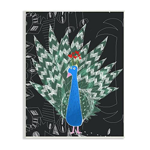 Stupell Industries Children's Abstract Peacock Doodle Black White Pattern Wall Plaque, 10 x 15, Green