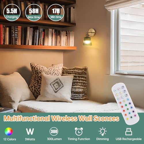 Image of Shenmoyl Vintage Battery Operated Wall Sconce with Green Stripe Glass Lampshade Rechargeable Battery Powered Wall Light with Remote Control for Bedside Bedroom Doorway