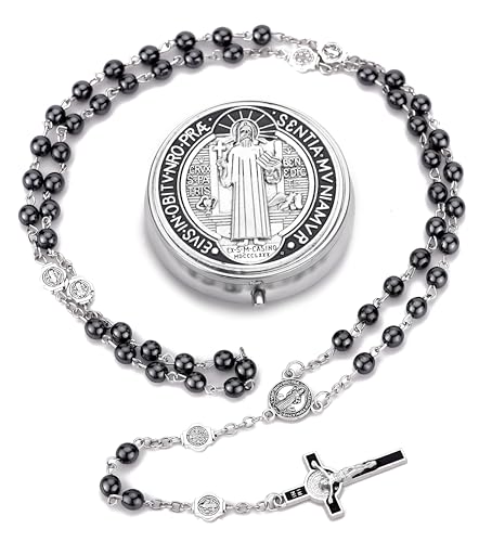 SZQCZB Rosary Beads Catholic for Men and Women, St.Benedict Center Piece and Crucifix, Black Cystal Rosary Beads with Saint Benedict Miraculous Gift Box and 18pcs Prayer Cards4