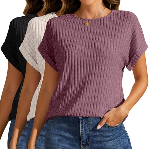 3 Pack Women Summer Sweaters Tops Crew Neck Short Sleeve Ribbed Knit T Shirts Dressy Casual Business Tunic Blouses