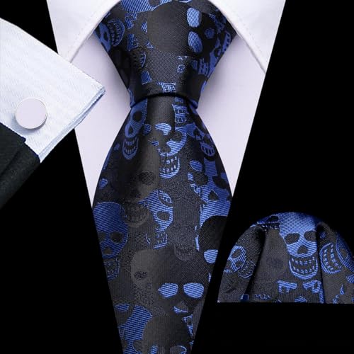 Image of Barry.Wang Man Tie Sets Skull Ties Animal Extra Long Necktie Silk Woven Handkerchief Cufflinks Festival Party Gift