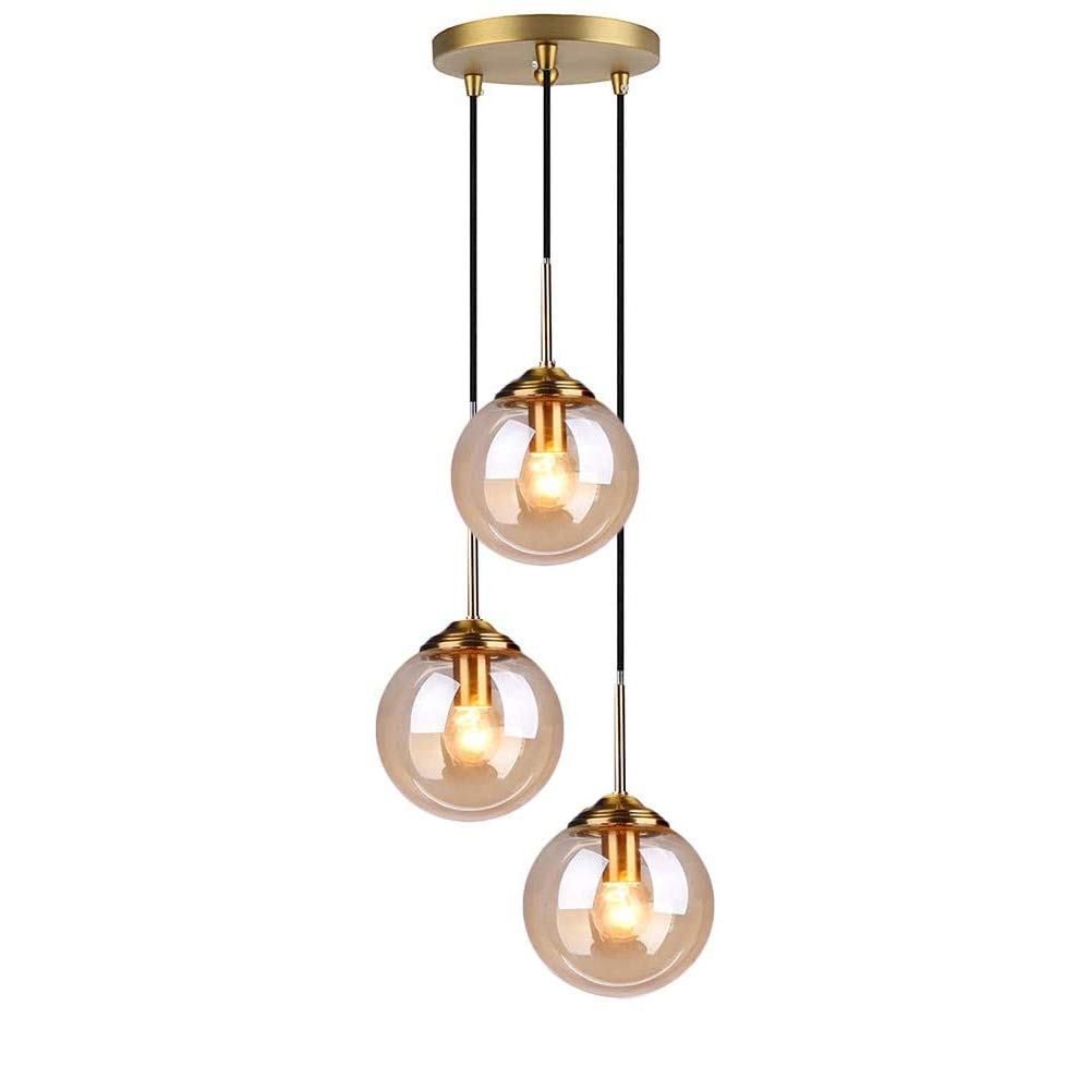 3 Way Pendant Light,Cluster Chandelier Hanging Lamp Fixture Brass Fittings w/Glass,adjustable Industrial Retro Globe Lampshade (Amber, 3 Way)
