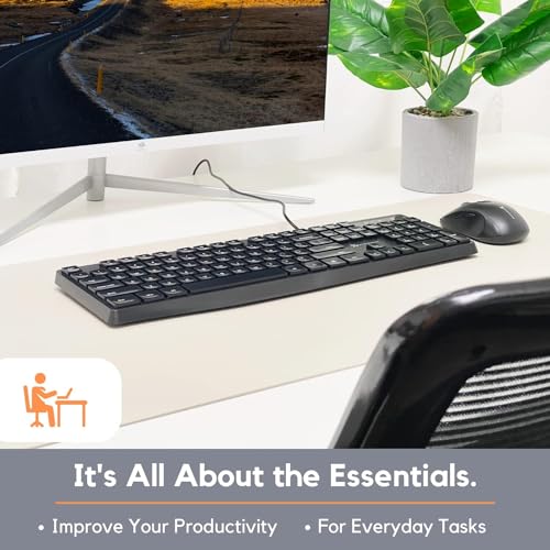 X9 Performance Wired Keyboard - Ultra Slim Full Size Ergonomic Computer Keyboard - Basic USB Keyboard for PC Desktop, Laptop with 5ft Corded Wire, 104 Quiet Keys, 14 Shortcuts, and Kickstand
