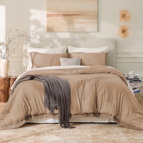Image of Andency Taupe Comforter Set King Size, 3 Pieces Boho Tassel Lightweight Bedding Comforter Sets for King Bed, Tan All Season Soft Fluffy Fringe Bed Set (104x90In Comforter & 2 Pillowcases)