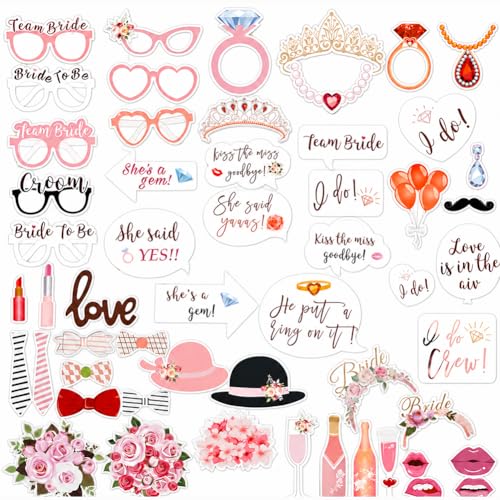 55 PCS Pink Wedding Photo Booth Prop Bridal Shower Photo Props Bachelorette Engagement Party Decorations for Ceremony Outside Wedding Party Supplies