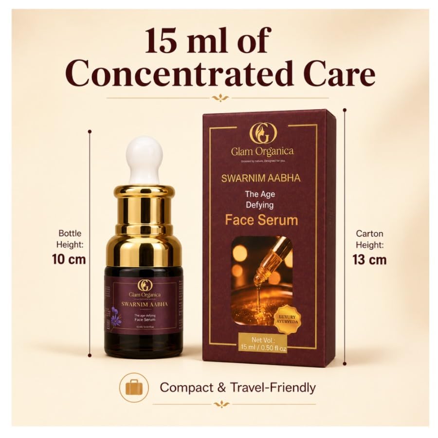 Image of Swarnim Aabha Age-Defying Face Serum, 15 ml | Enriched with Kumkumadi, Almond, Jojoba & Grapeseed Oil | Lightweight Radiance & Nourishing Facial Serum