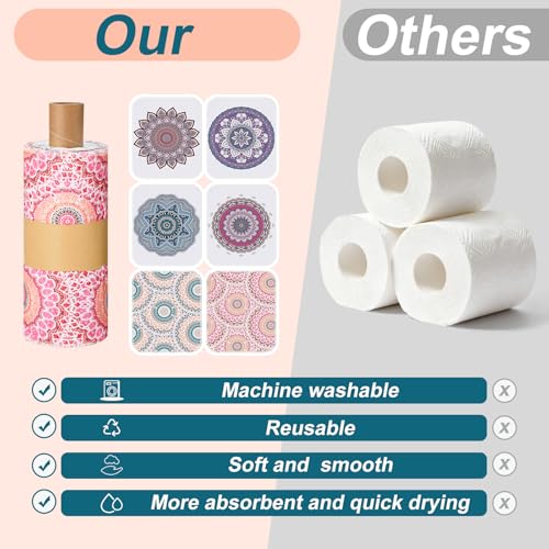 Image of Redbaker 30 Pcs Reusable Paper Towels Rolls Kitchen Towels Bulk Washable Paperless Cloth Cotton Hand Napkins with Cardboard Reusable Napkins for Kitchen Bathroom (Mandala)