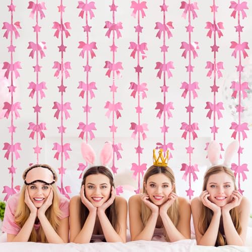 Image of Menstarsi Bow Foil Fringe Curtains, Pink Bow Birthday Backdrop, 2 Pack | Pink Bow Party Decorations Pink Coquette Party Supplies Photo Booth Props Backdrop for Baby Girls Bridal Shower Party Decor