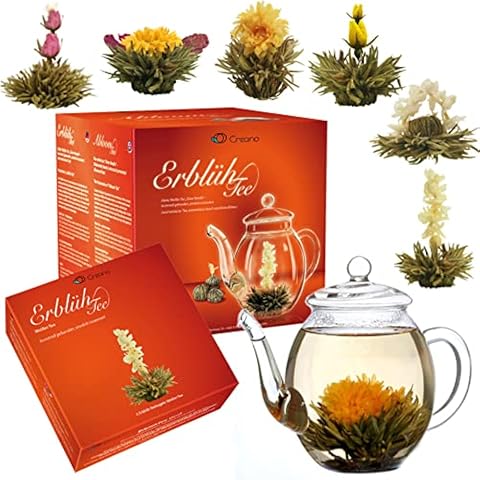 Creano Teeblumen Geschenkset - Erblühtee Frühjahrslese mit 500ml Glaskanne & 6x Weißer Tee - 7 teilig - Geschenk zu Weihnachten Cover