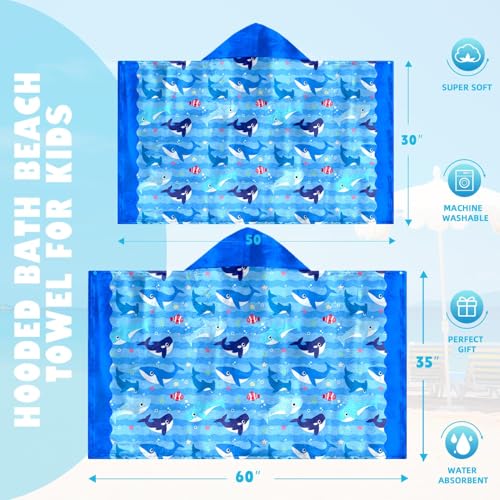Image of Shark Boys Beach Towel with Hoodie for Kids Toddlers Age 4-8,Shark Blue Bath Towels Shower Wrap for Boys, Hooded Poncho Beach Blanket for Pool Swimming Cute Wearable Bath Towel for Child
