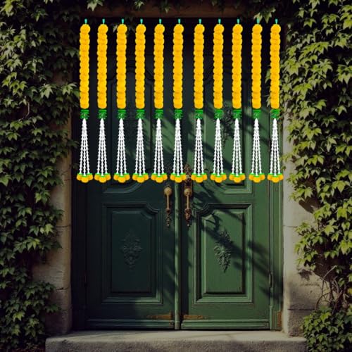 Image of iHandikart Artificial Marigold & Tuberose Garland 45 Inch - Pack of 20 | Decorative Door Toran for Festivals, Weddings & Home Entrance Decor | Long-Lasting Reusable Flower Garland (33103-20)