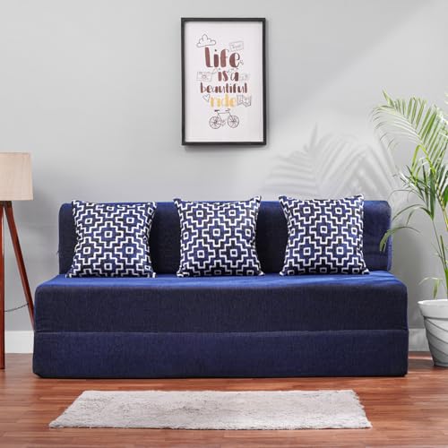 Image of Convertible Fabric Sofa Cum Bed | Foldable Double Foam & Washable Cover with Cushions | Modern Design Use Living Room & Guest Room (Moshi-Blue-Multi-Square, 5X6 Ft)