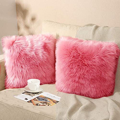 Image of Fur Cushion Pillow Cover for Set of 2 Pillow - 13x13 Inches (Pink)