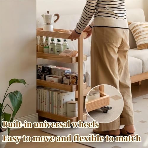 4-Tier Wooden Rolling Cart, Multi-Functional Book Trolley, Floor-Standing Storage Rack for Home, Office & Living Room, Durable Brown Finish (60 x 20 x 81cm)