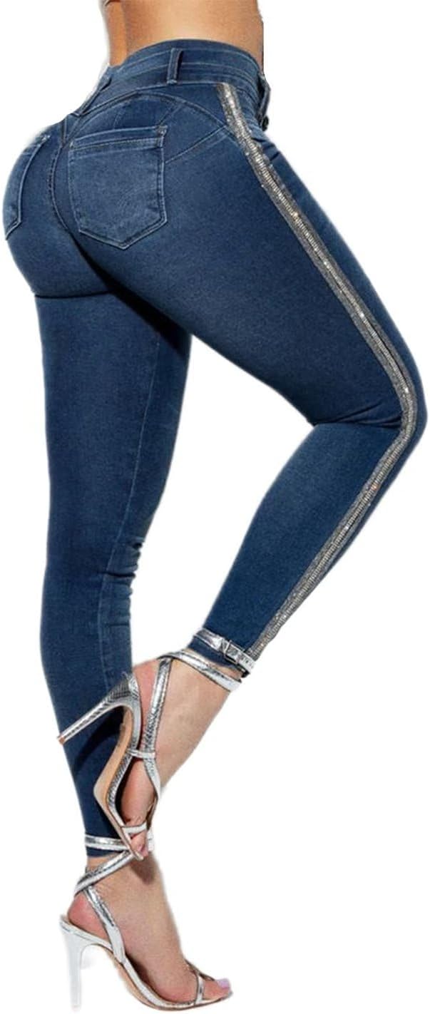 Flamingals Women's Sequin & Rhinestone Decor Dual Button Skinny Jeans High Waist Casual Pants