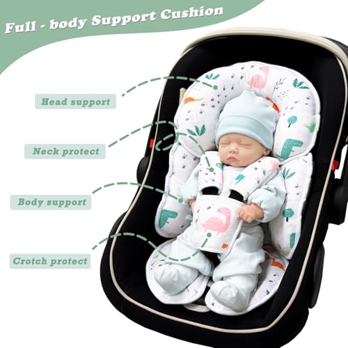 Image of Infant Car Seat Insert, Soft Baby Car Seat Head Neck Pillow, Reversible Newborn Carseat Insert with Strap Covers, Universal Seat Pad for Carseats, Stroller, Swings, Bouncer, Dinosaurs