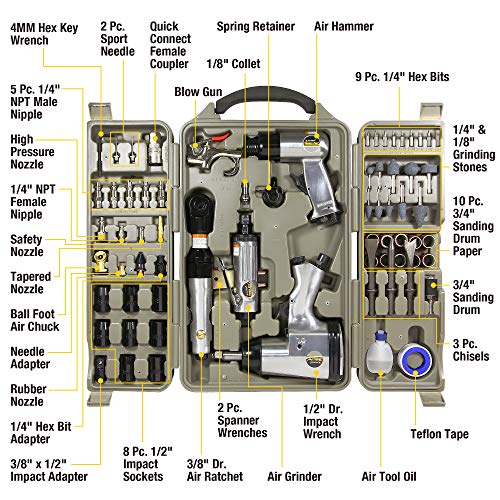 Tradespro Air Tool and Accessories Kit, 71 Piece, Impact Wrench, Air Ratchet, Die Grinder, Aire Hammer, Hose Fittings, Storage Case - 836668 - Thumbnail 2