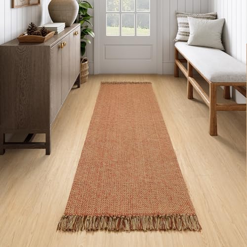 Collive Alfombra larga de pasillo, 2.6 x 7 pies, lavable para interiores, alfombra tejida trenzada de terracota, alfombra de piso de perfil bajo para lavandería, dormitorio