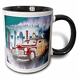 3dRose Classic Woody Car And Big Wave Background With Surfer A Surfing Lover Gift Mug, 11 oz, Black
