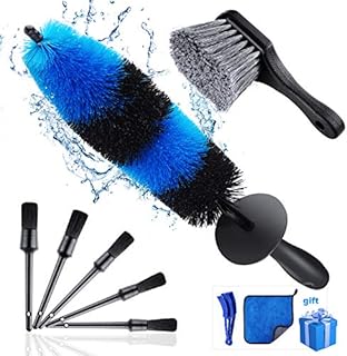 lesasas 9PCS Car Detailing Brushes Set for Wheel Cleaning, 17In Rotating Wheel Brush, Car Cleaner Kit, Short Handle Feather Tire & Rim Cleaning Tool for Dust Remove and Dirty Tyre Washing