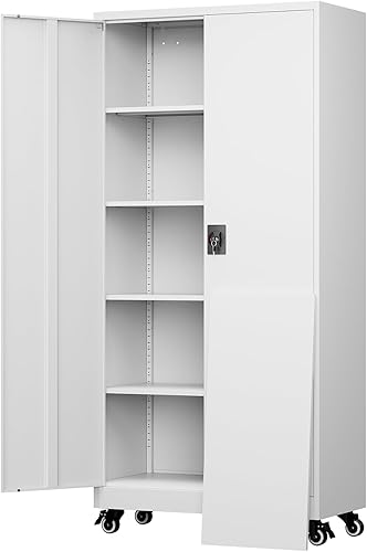 Miniatura 19 de Yizosh Armario de almacenamiento de metal para garaje con 2 puertas y 5 estantes ajustables, gabinete de archivo de acero con cerradura de 71