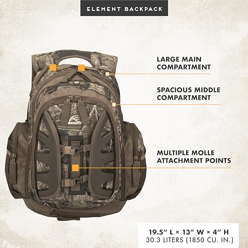 Insights Hunting by frogg toggs- The Element, Heavy Duty 1,831 Cubic Inch Outdoor Hiking Fishing Camping Hunting Backpack with Rain Fly, Realtree Timber