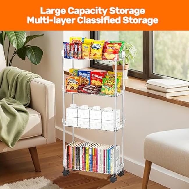 4 Tier Slim Storage Cart with Wheels Slim Rolling Utility Cart Mobile Shelving Units Organizer for Narrow Space in Home Kitchen Bathroom Laundry Room Transparent (Width 6.3 Inches)-LJECXmRn